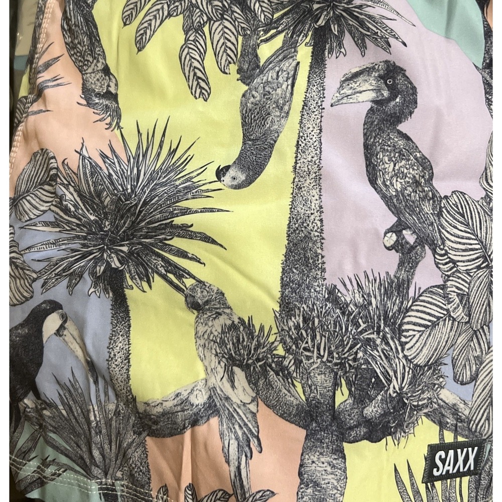 New SAXX Oh Buoy 2N1 Volley 5" Shorts Mens Swim Drop Temp Liner Tropical Birds - Picture 10 of 10